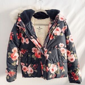 Abercrombie Kids Floral Puffer Jacket Faux Fur Hood Size 11/12